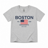 Youth Sport Grey Boston Massachusetts T-shirt featuring American flag graphic and EST. 1630 design on a Gildan short sleeve tee.