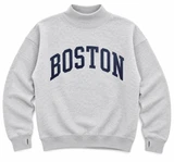 Baypointe Boston mock neck crewneck sweatshirt in Ash heather gray with navy BOSTON lettering and thumb hole cuffs.