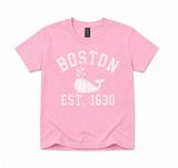 Youth Boston Whale T-shirt featuring a distressed "BOSTON EST. 1630" graphic with whale design, available in Light Pink and Navy colors, sizes XS through L.