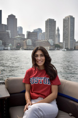 Boston collegiate arch t-shirt in cardinal red featuring navy and white Boston lettering on a Gildan Heavy Cotton unisex tee.