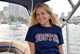 Boston collegiate arch t-shirt in navy featuring cardinal and white Boston lettering on a Gildan Heavy Cotton unisex tee.