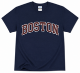 Boston collegiate arch t-shirt in navy featuring cardinal and white Boston lettering on a Gildan Heavy Cotton unisex tee.
