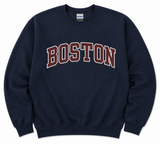 Boston crewneck sweatshirt in Navy and Dark Heather featuring collegiate-style navy Boston lettering outlined in white on a Gildan Heavy Blend fleece sweatshirt.