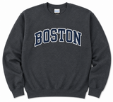 Boston crewneck sweatshirt in Navy and Dark Heather featuring collegiate-style navy Boston lettering outlined in white on a Gildan Heavy Blend fleece sweatshirt.