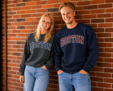 Boston crewneck sweatshirt in Navy and Dark Heather featuring collegiate-style navy Boston lettering outlined in white on a Gildan Heavy Blend fleece sweatshirt.