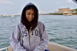 Boston Arch Sport Grey Full-Zip Hoodie with navy and white collegiate lettering, front pockets, drawstring hood, and full zipper.