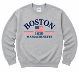 Sport Grey Gildan Boston 1630 crewneck sweatshirt with navy Boston lettering, American flag graphic, and Massachusetts design.