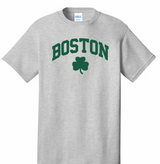 Ash grey Boston T-shirt with green BOSTON lettering and shamrock clover graphic.