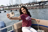 Tultex Soft Style Boston Massachusetts distressed graphic T-shirt available in Heather Green, Heather Navy, Heather Maroon, and Heather Charcoal, displayed flat on a white background.