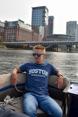 Tultex Soft Style Boston Massachusetts distressed graphic T-shirt available in Heather Green, Heather Navy, Heather Maroon, and Heather Charcoal, displayed flat on a white background.
