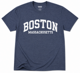 Tultex Soft Style Boston Massachusetts distressed graphic T-shirt available in Heather Green, Heather Navy, Heather Maroon, and Heather Charcoal, displayed flat on a white background.