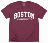 Tultex Soft Style Boston Massachusetts distressed graphic T-shirt available in Heather Green, Heather Navy, Heather Maroon, and Heather Charcoal, displayed flat on a white background.