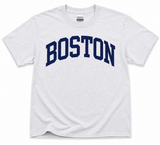 Ash Gildan Heavy Cotton Boston T-Shirt featuring a bold navy collegiate-style Boston graphic on a classic short-sleeve tee.