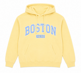 Boston 1630 appliqué hooded sweatshirt featuring collegiate-style lettering, available in maroon, navy, and butter yellow colors with a front kangaroo pocket and adjustable hood.