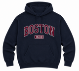Boston 1630 appliqué hooded sweatshirt featuring collegiate-style lettering, available in maroon, navy, and butter yellow colors with a front kangaroo pocket and adjustable hood.
