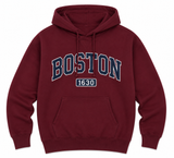 Boston 1630 maroon pullover hoodie with maroon collegiate lettering and front kangaroo pocket.