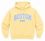 Boston 1630 yellow pullover hoodie with maroon collegiate lettering and front kangaroo pocket.