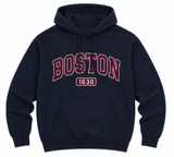 Boston 1630 navy pullover hoodie with maroon collegiate lettering and front kangaroo pocket.