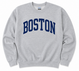 Sport grey Boston crewneck sweatshirt with solid navy print. Features a classic unisex fit and soft fleece feel - perfect Boston apparel for everyday wear.
