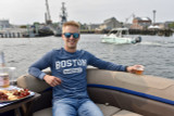 Boston Massachusetts heather navy Teemax long sleeve T-shirt featuring a distressed white collegiate-style graphic on the front. Comfortable unisex long sleeve tee inspired by classic Boston collegiate apparel.