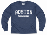 Boston Massachusetts heather navy Teemax long sleeve T-shirt featuring a distressed white collegiate-style graphic on the front. Comfortable unisex long sleeve tee inspired by classic Boston collegiate apparel.