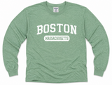 Boston Massachusetts long sleeve T-shirt in heather green with distressed white vintage graphic, Teemax unisex Boston apparel.