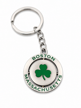 Boston Massachusetts shamrock spinner keychain featuring a green rotating shamrock centerpiece in a silver-tone metal frame on a white background.