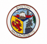 Boston Massachusetts collage lapel pin featuring harbor ship, lobster, skyline, and historic monument artwork with polished metal detailing