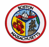 Boston Massachusetts embroidered collage patch featuring harbor ship, lobster, skyline, and historic monument artwork with red stitched border