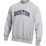 Champion Reverse Weave silver crewneck sweatshirt with navy arched Boston lettering and "C" logo on sleeve.