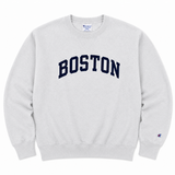 Champion Reverse Weave silver crewneck sweatshirt with navy arched Boston lettering and "C" logo on sleeve.