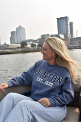 Boston Est. 1630 pocketed crew neck sweatshirt. Soft fleece, classic Boston style, and unique pockets. Available in Navy and Begonia.