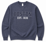 Boston Est. 1630 pocketed crew neck sweatshirt. Soft fleece, classic Boston style, and unique pockets. Available in Navy and Begonia.