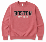 Boston Est. 1630 pocketed crew neck sweatshirt. Soft fleece, classic Boston style, and unique pockets. Available in Navy and Begonia.