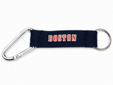 Navy Boston carabiner keychain with silver metal clip and key ring on a white background.