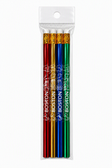 Four-pack metallic Boston souvenir pencil set featuring red, gold, blue, and green pencils with Boston-themed artwork.