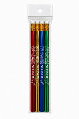 Four-pack metallic Boston souvenir pencil set featuring red, gold, blue, and green pencils with Boston-themed artwork.