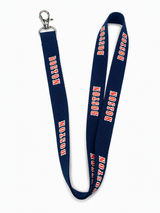 Navy Boston printed lanyard with repeating Boston design and silver swivel lobster clasp displayed on a white background.