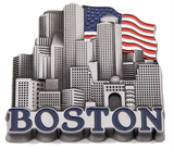 Boston skyline souvenir magnet featuring a detailed cityscape, patriotic flag backdrop, and bold Boston lettering.