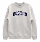 Oatmeal Boston Massachusetts crewneck sweatshirt with navy embroidered applique lettering on front.