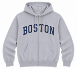 Sport Grey full-zip hooded sweatshirt featuring navy Boston appliqué lettering, front zipper closure, adjustable hood, and front pouch pockets.