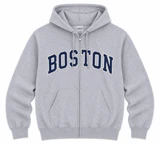 Sport Grey full-zip hooded sweatshirt featuring navy Boston appliqué lettering, front zipper closure, adjustable hood, and front pouch pockets.