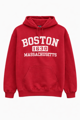Boston 1630 Massachusetts unisex Gildan hood in cardinal red with white distressed scree-printed lettering, pullover style with kangaroo pocket.