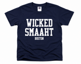 Kids navy Gildan Wicked Smaaht Boston t-shirt with bold white collegiate lettering, available in youth sizes XS through Large.