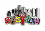 Boston Skyline & Rainbow Lobster Magnet featuring a detailed city skyline, colorful Boston lettering, and a red lobster centerpiece with a metallic finish.