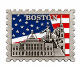 Boston patriotic postage stamp magnet with American flag and Boston landmarks