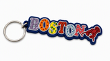 Colorful Boston rubber keychain featuring patterned letters and a red lobster accent attached to a metal key ring.