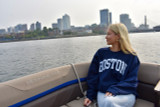 Boston crew neck sweatshirt with distressed lettering. Available in Heather Green and Navy. Classic unisex Boston sweatshirt with vintage collegiate style.