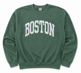Boston crew neck sweatshirt with distressed lettering. Available in Heather Green and Navy. Classic unisex Boston sweatshirt with vintage collegiate style.