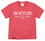 Boston Coordinates Anchor T-Shirt featuring Boston geographic coordinates and nautical anchor graphic, available in Laurel Green and Zinnia colors.